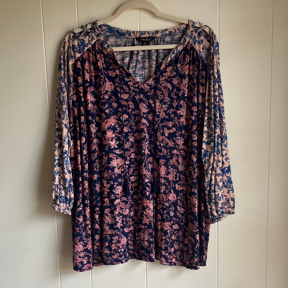 Lucky Brand Navy and Pink Floral V-Neck Knit Coastal Grandma Top Blouse Sz 2X